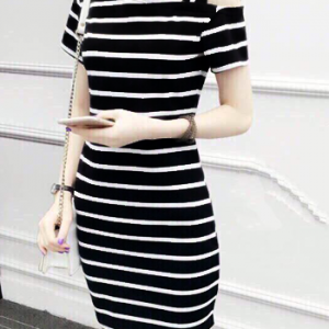 Đầm thun sọc lệch vai 476460286