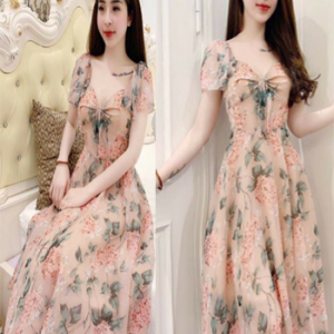 Đầm Voan Hoa Form Dài Cột Nơ Cách Điệu LZ575370483