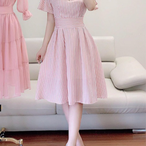 Đầm Xòe Sọc Cổ V Đính Hoa LZ493542811