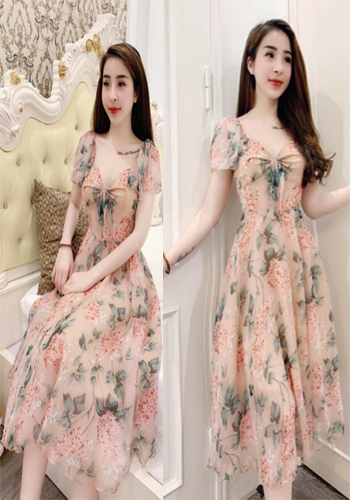 Đầm Voan Hoa Form Dài Cột Nơ Cách Điệu LZ575370483